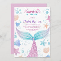 Under the Sea Watercolor Girl Mermaid Birthday Invitation