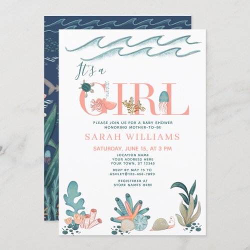 Under the Sea Watercolor It's a Girl Baby Shower Invitation - Create the perfect girl baby announcement + baby shower invitation with this modern under the sea theme design, featuring a hand painted whale, coral, and ocean animals decorating the word 'girl' in coral color text. The back of the card features an under the sea ocean theme illustration. Copyright Elegant Invites, all rights reserved.