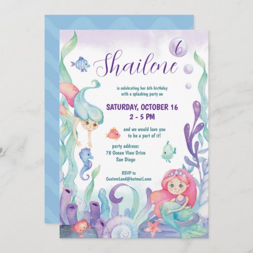 Under The Sea Watercolor Mermaid Birthday Party In Invitation
