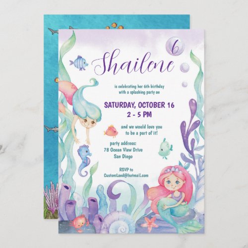 Under The Sea Watercolor Mermaid Birthday Party Invitation