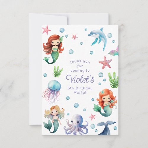 Under the Sea Watercolor Mermaid Birthday Party Thank You Card