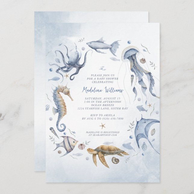 Under the Sea Watercolor Ocean Animals Baby Shower Invitation (Front/Back)