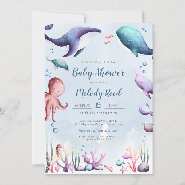 Under the Sea Watercolor Ocean Animals Baby Shower Invitation (Front)
