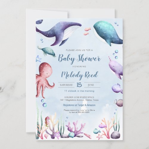 Under the Sea Watercolor Ocean Animals Baby Shower Invitation
