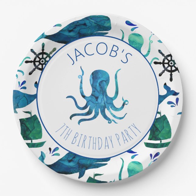 Under The Sea Watercolor Ocean Octopus Birthday Paper Plates (Front)