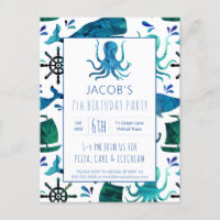 Under The Sea Watercolor Octopus Birthday Nautical Invitation Postcard