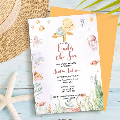 Under the Sea Watercolor orange  pink Baby Shower Invitation