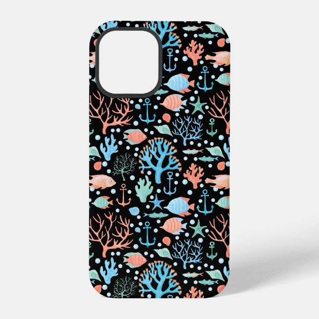 Under the Sea Watercolor Pattern Dark Iphone Case (Back)