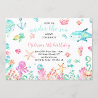 Under the Sea Watercolor Summer Girl Birthday Invitation