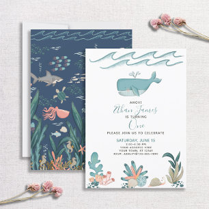 Under the Sea Watercolor Whale 1st Birthday Script Invitation