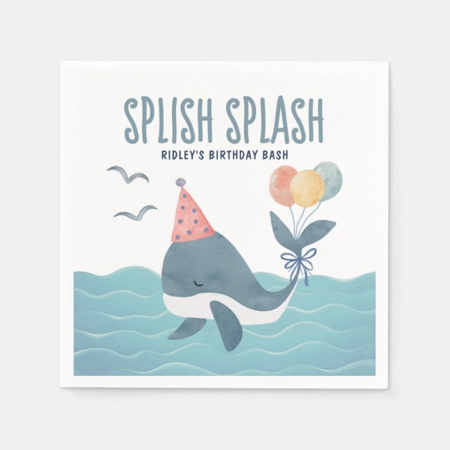 Under The Sea | Watercolor Whale Balloons Birthday Napkins (Front)