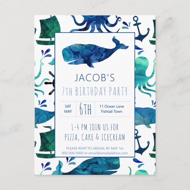 Under The Sea Watercolor Whale Birthday Nautical Invitation Postcard (Front)