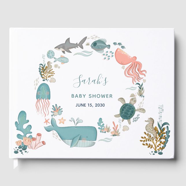 Under the Sea Watercolor Wreath Baby Shower Guest Book (Front)
