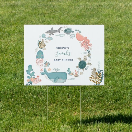 Under the Sea Watercolor Wreath Baby Shower Sign - Designed to coordinate with our bestselling Under the Sea baby shower invitation suite, this beautiful Welcome Sign features a hand painted watercolor wreath of sea creatures, hand lettered script typography, and matching decorative elements. The design is the same on both sides. Copyright Elegant Invites, all rights reserved.
