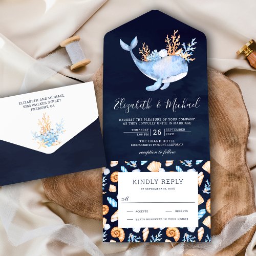 Under the Sea Whale Navy Blue Nautical Wedding All In One Invitation