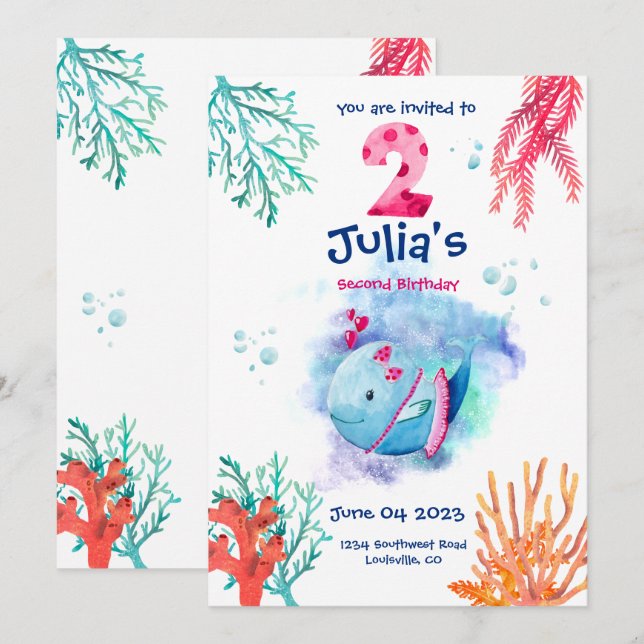 Under The Sea Whale, ocean animals birthday  Invitation (Front/Back)