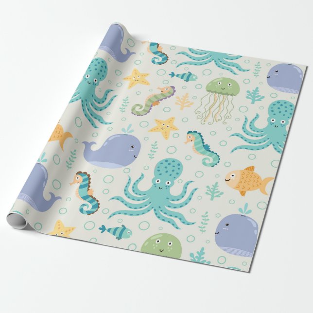 Under the Sea Whale Pattern Wrapping Paper (Unrolled)