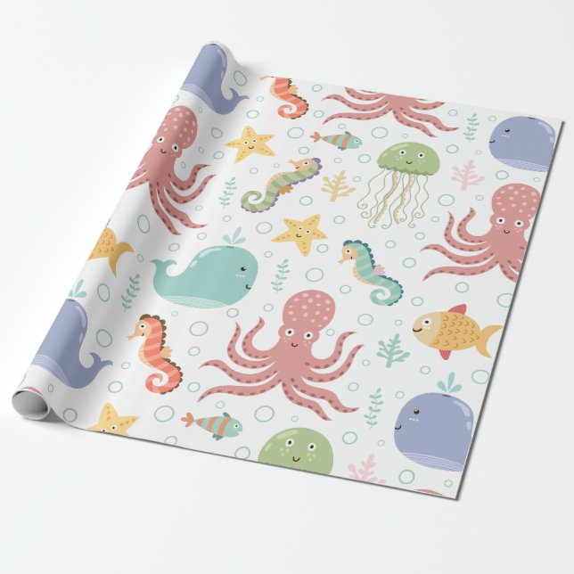 Under the Sea Whale Pattern Wrapping Paper (Unrolled)