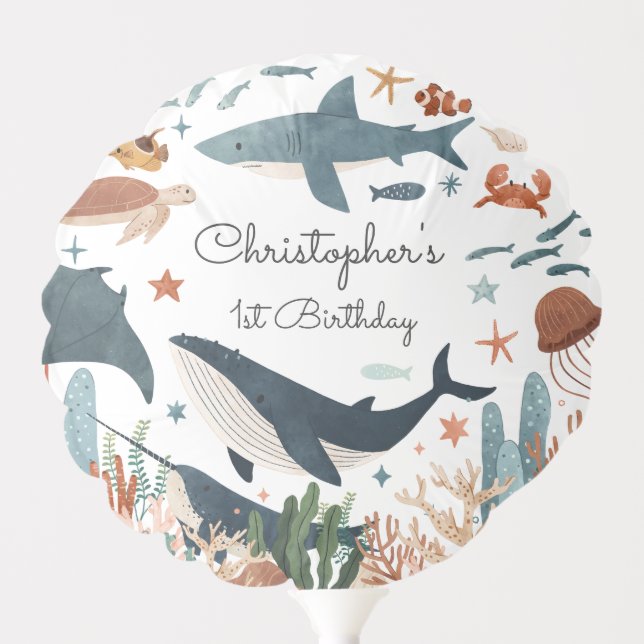 Under the Sea Whale Shark Sea Life 1st Birthday Balloon (Front)