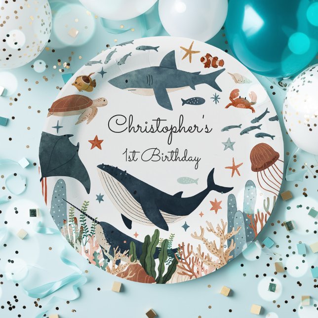 Under the Sea Whale Shark Sea Life 1st Birthday Paper Plates (Creator Uploaded)