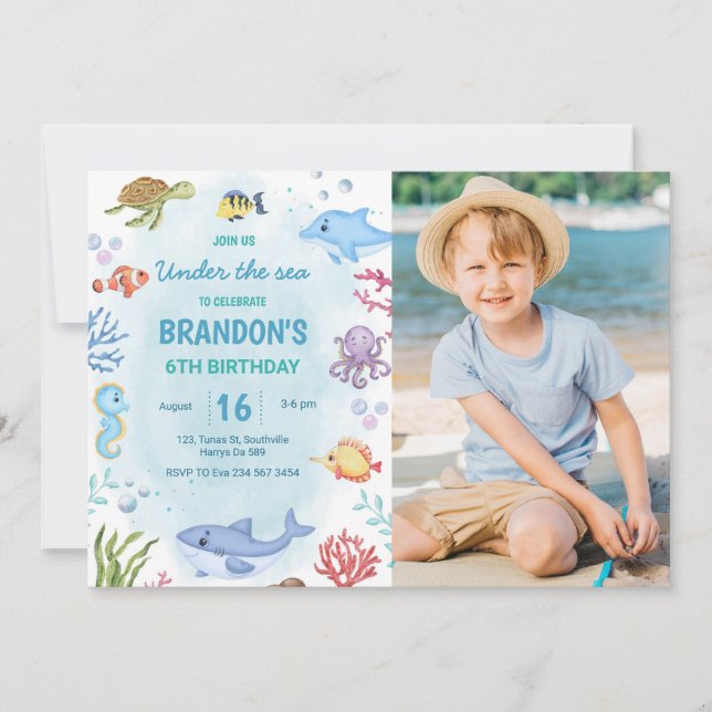 Under the Sea Whale Shark Turtle Birthday Photo Invitation (Front)