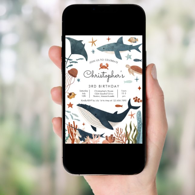 Under the Sea Whale Shark Turtle Sea Life Birthday Invitation (Front Digital)