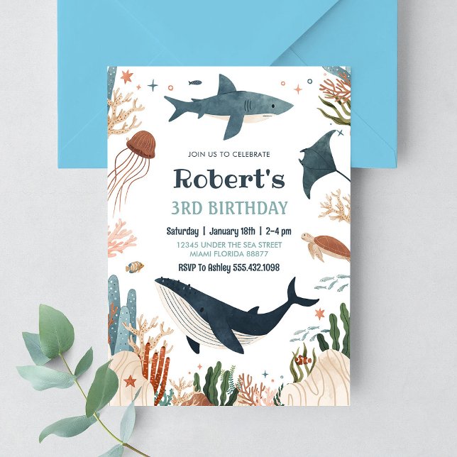 Under the Sea Whale Turtle Shark 1st Birthday Invitation (Creator Uploaded)