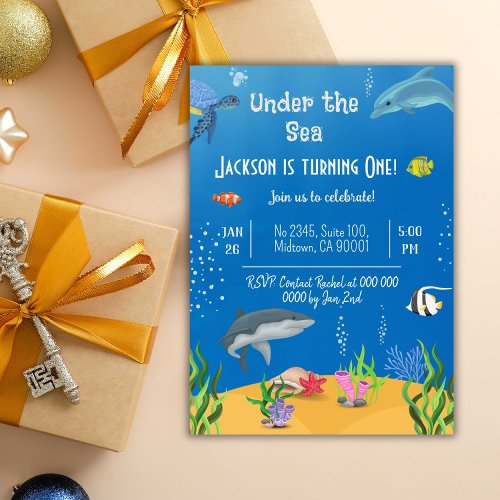 Under the sea whale turtle shark fish 1st birthday invitation