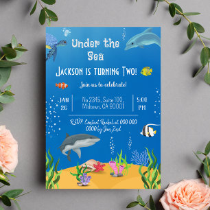 Under the sea whale turtle shark fish 2nd birthday invitation