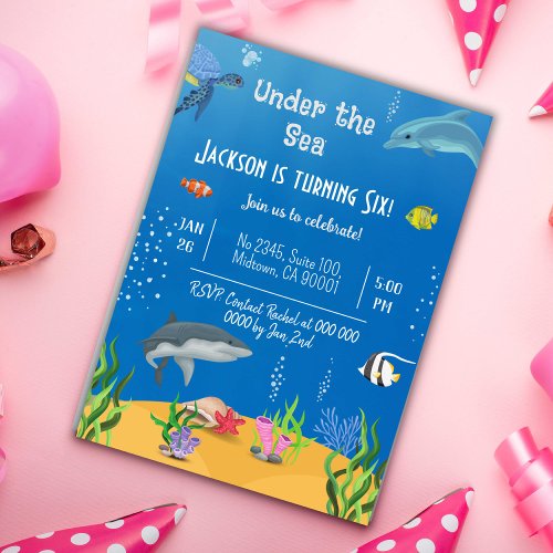 Under the sea whale turtle shark fish 6th birthday invitation