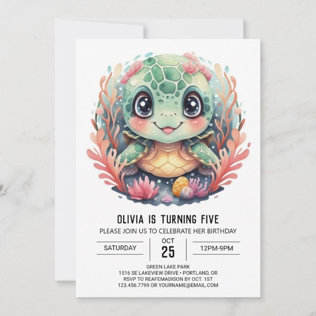 Under the Sea Whimsical Turtle Girl Birthday Invitation (Front)