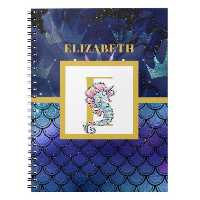 Under the Sea with  Seahorse Unicorn Add Initial Notebook (Front)