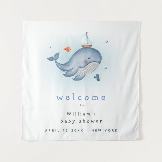 Under The See Whale Boat Baby Shower Welcome Sign Tapestry (Front)