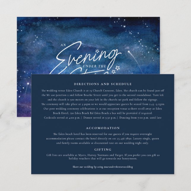 Under the stars art blue purple wedding details enclosure card (Front/Back)