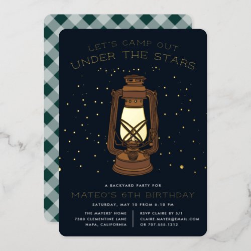 Under the Stars  Camping Birthday Party Foil Invitation