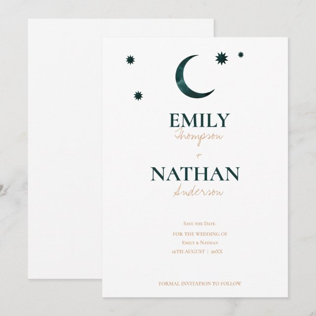 Under The Stars Green Moon Chic Typography Wedding Save The Date (Front/Back)