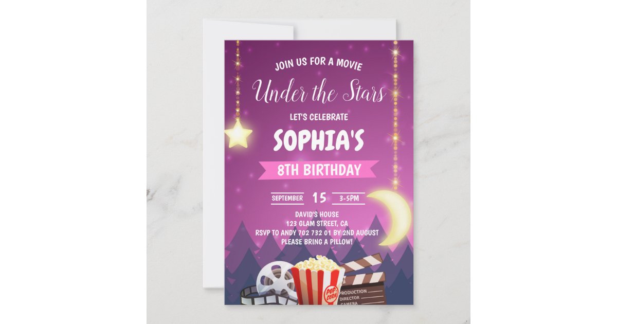 Under the Stars Movie Night Girl Birthday Party Invitation | Zazzle