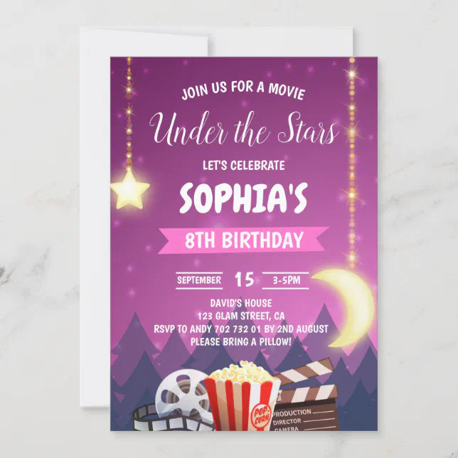 Under the Stars Movie Night Girl Birthday Party Invitation | Zazzle