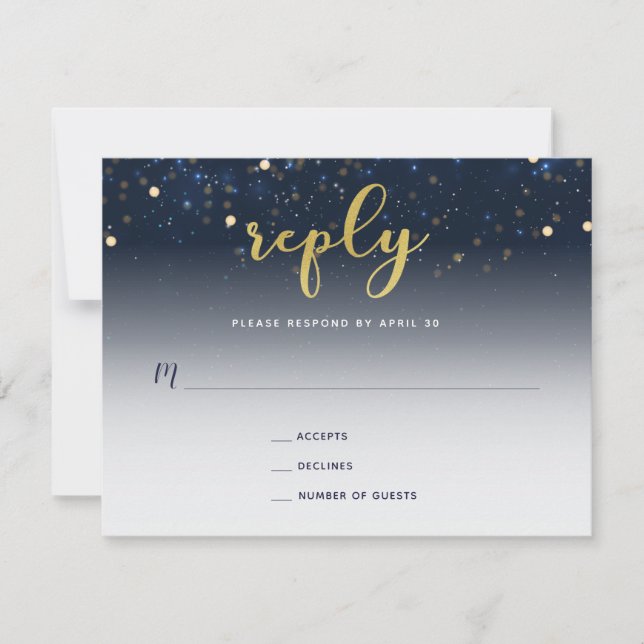 Under the Stars Navy and Gold Wedding Reply Card (Front)