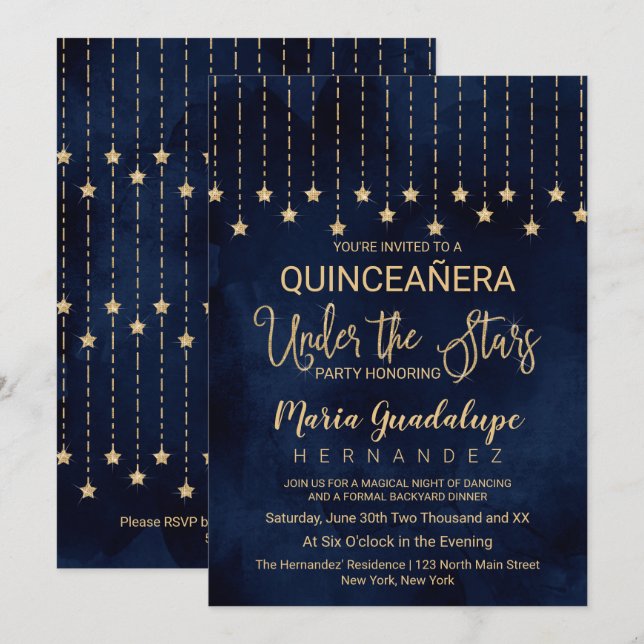 Under the Stars Navy Blue Gold Sparkle Quinceañera Invitation (Front/Back)