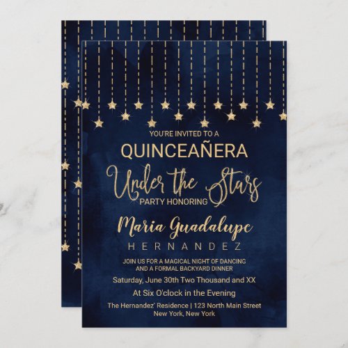 Under the Stars Navy Blue Gold Sparkle Quinceaera Invitation