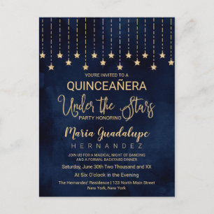 Under the Stars Navy Blue Gold Sparkle Quinceañera Invitation Postcard