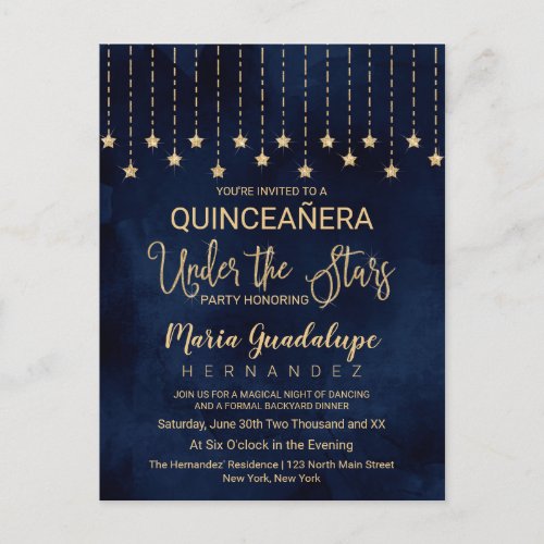 Under the Stars Navy Blue Gold Sparkle Quinceaera Invitation Postcard