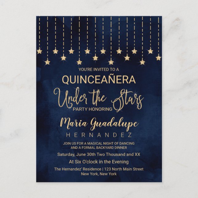 Under the Stars Navy Blue Gold Sparkle Quinceañera Invitation Postcard (Front)