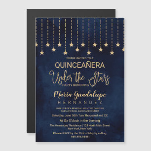 Under the Stars Navy Blue Gold Sparkle Quinceañera Magnetic Invitation