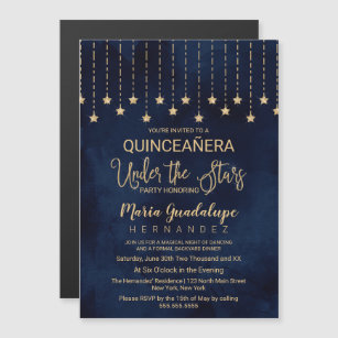 Under the Stars Navy Blue Gold Sparkle Quinceañera Magnetic Invitation