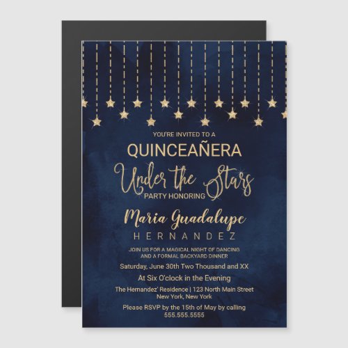 Under the Stars Navy Blue Gold Sparkle Quinceaera Magnetic Invitation
