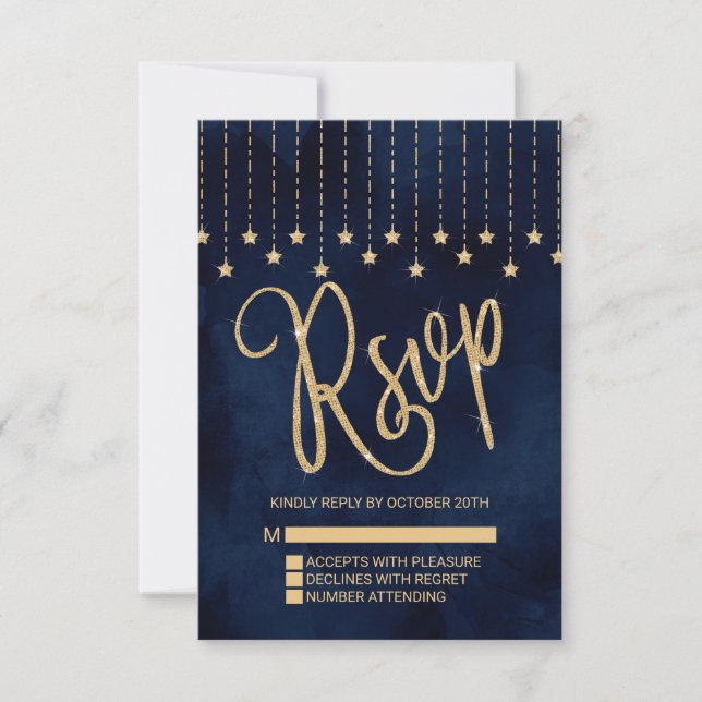 Under the Stars Navy Blue Gold Sparkle RSVP Card (Front)