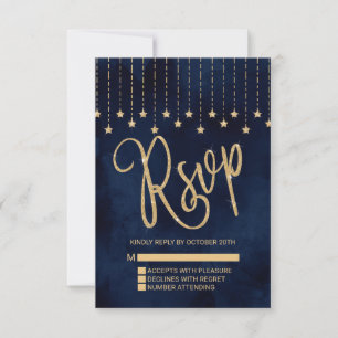 Under the Stars Navy Blue Gold Sparkle RSVP Card