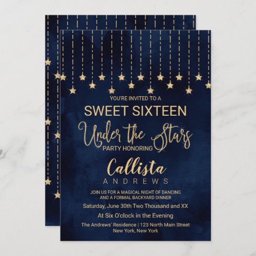 Under the Stars Navy Blue Gold Sparkles Sweet 16 Invitation